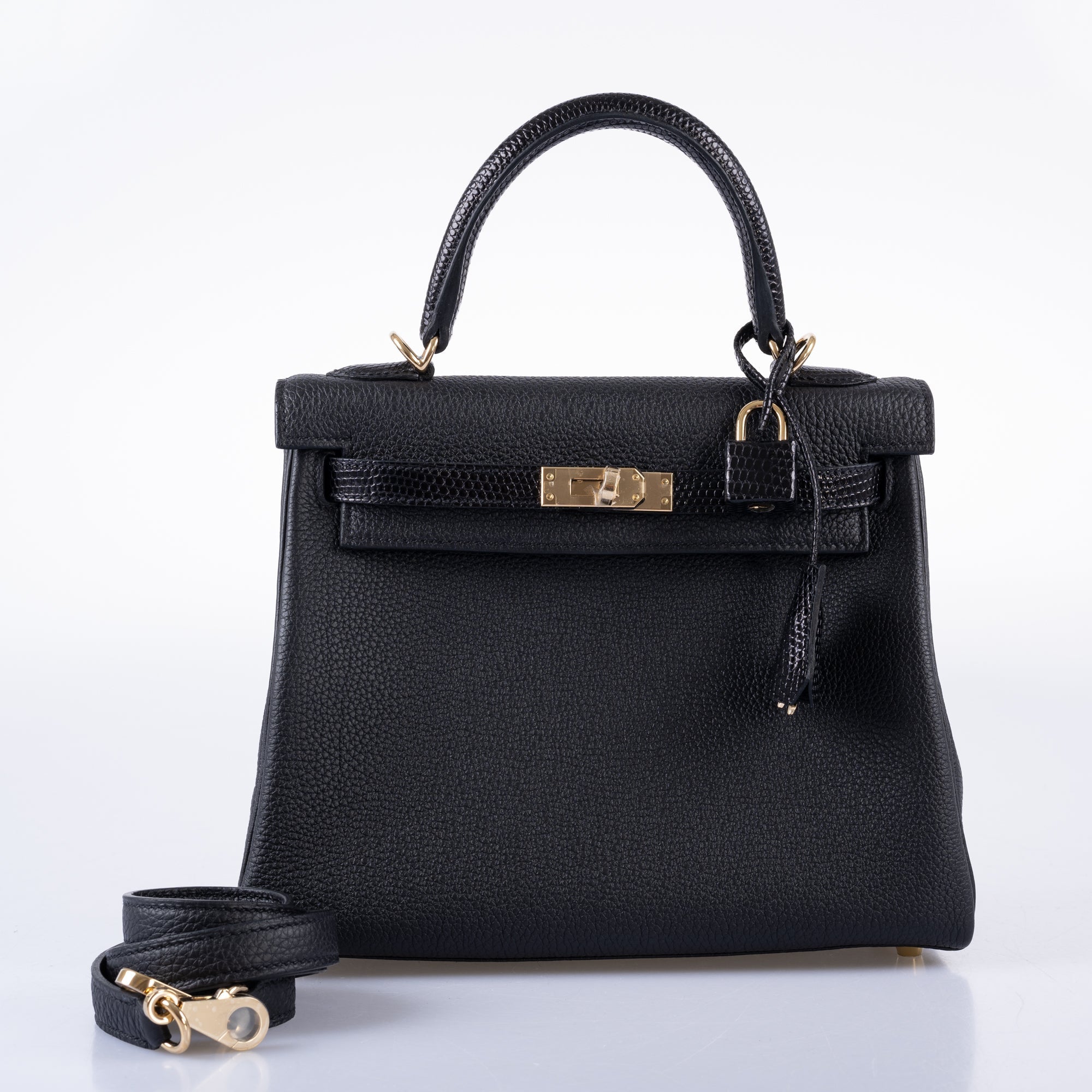 Hermès Kelly 25 Retourne Touch Black Lizard & Togo with Gold Hardware