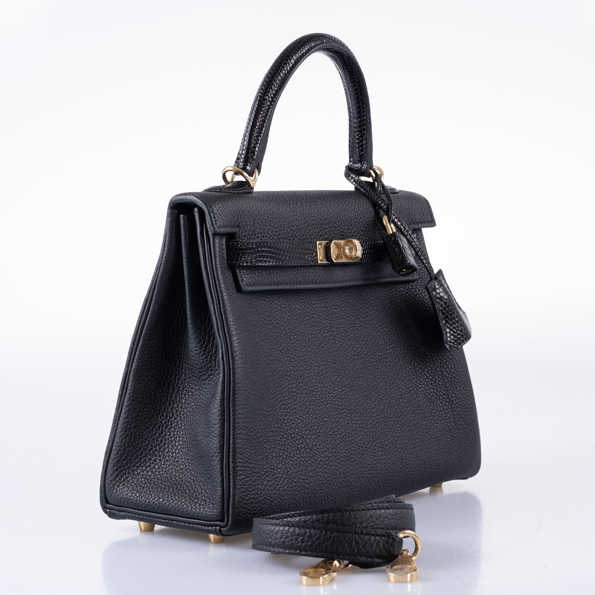 Hermès Kelly 25 Retourne Touch Black Lizard & Togo with Gold Hardware