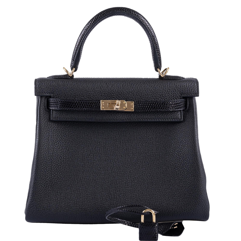 Hermès Kelly 25 Retourne Touch Black Lizard & Togo with Gold Hardware