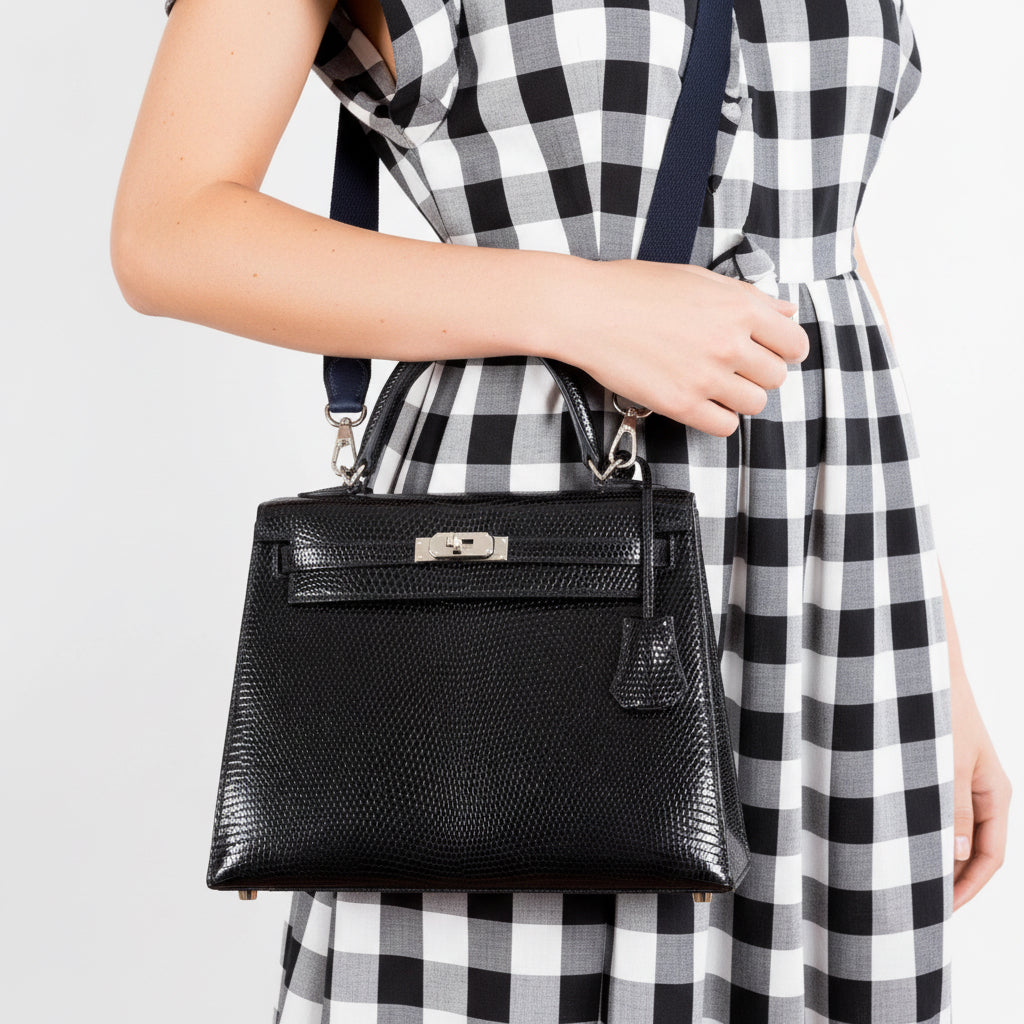 Hermès Kelly 25 Sellier Black Lizard Palladium Hardware