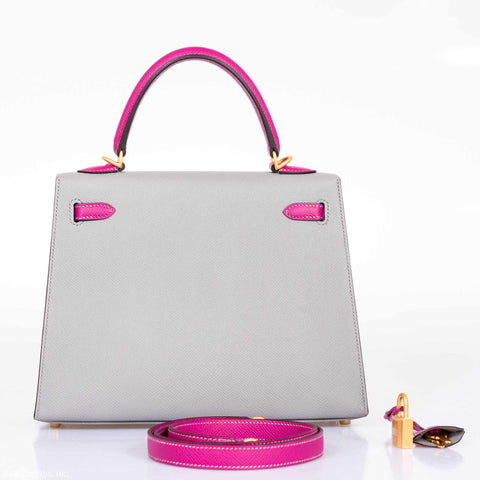 Hermès Kelly 25 Sellier HSS Bi-Color Gris Mouette And Magnolia Epsom Brushed Gold Hardware