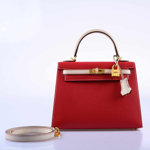 Hermès Kelly 25 Sellier HSS Bi-Color Rouge Casaque & Craie Epsom Brushed Gold Hardware - 2019, D
