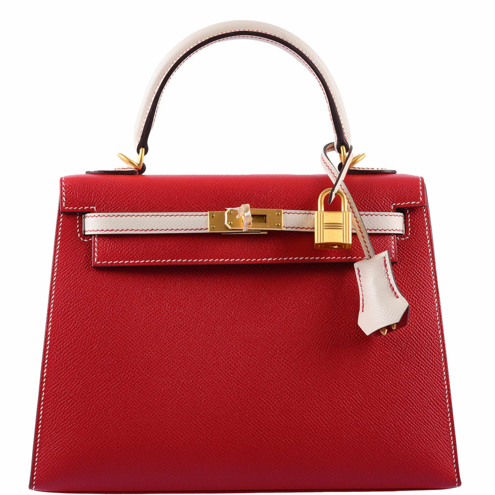 Hermès Kelly 25 Sellier HSS Bi-Color Rouge Casaque & Craie Epsom Brushed Gold Hardware
