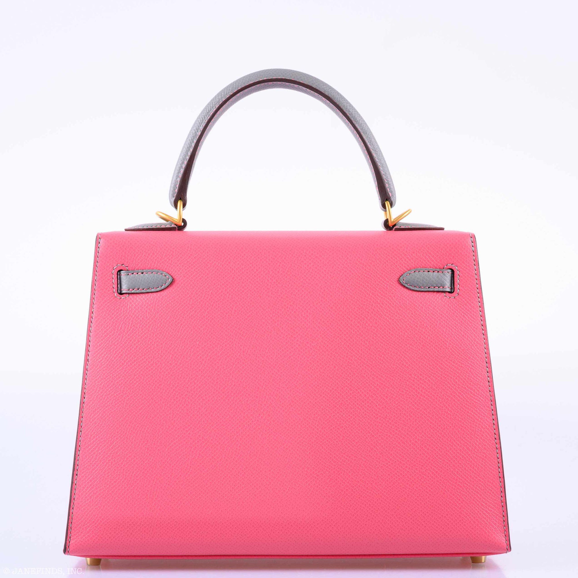 Hermès Kelly 25 Sellier HSS Bi-Color Roze Azalee & Gris Mouette Epsom Brushed Gold Hardware