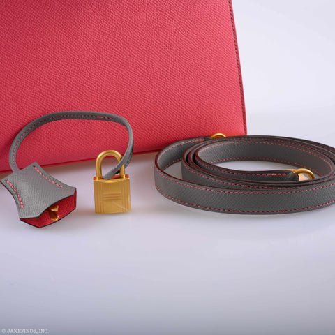 Hermès Kelly 25 Sellier HSS Bi-Color Roze Azalee & Gris Mouette Epsom Brushed Gold Hardware - 2019, D