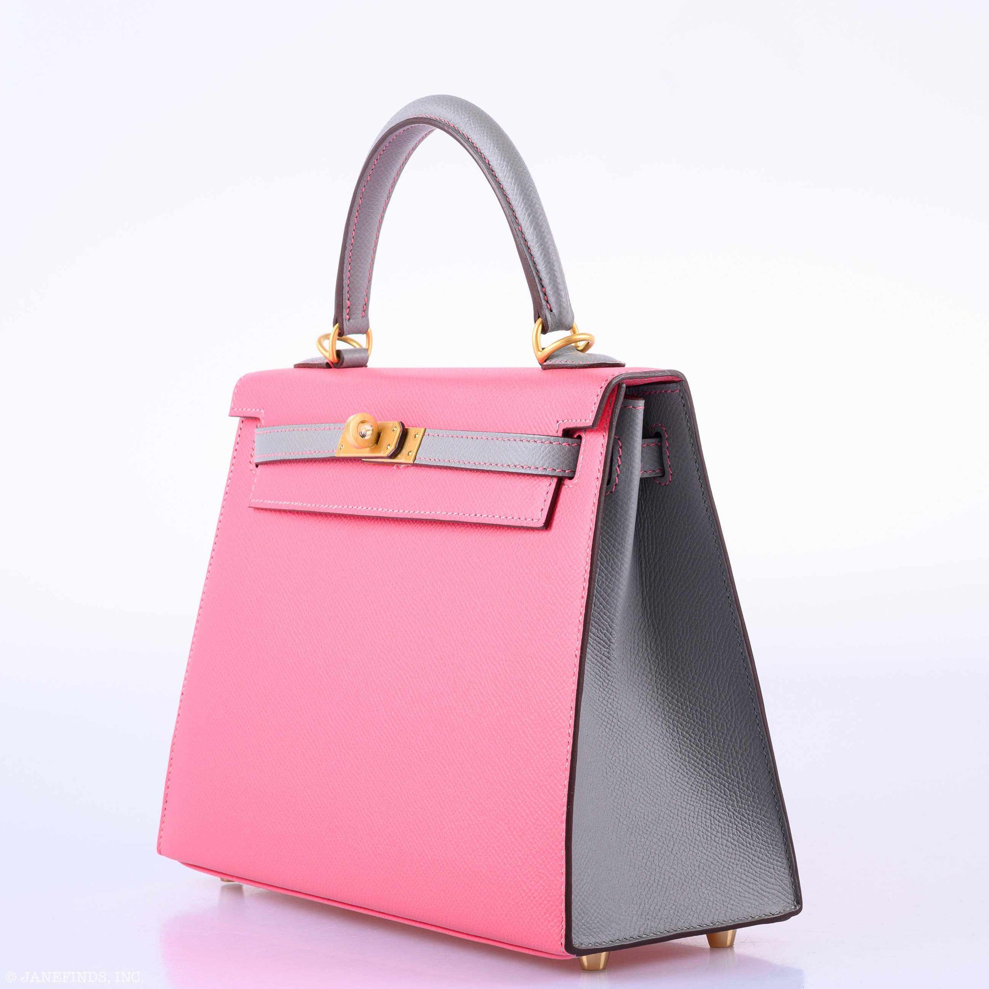 Hermès Kelly 25 Sellier HSS Bi-Color Roze Azalee & Gris Mouette Epsom Brushed Gold Hardware