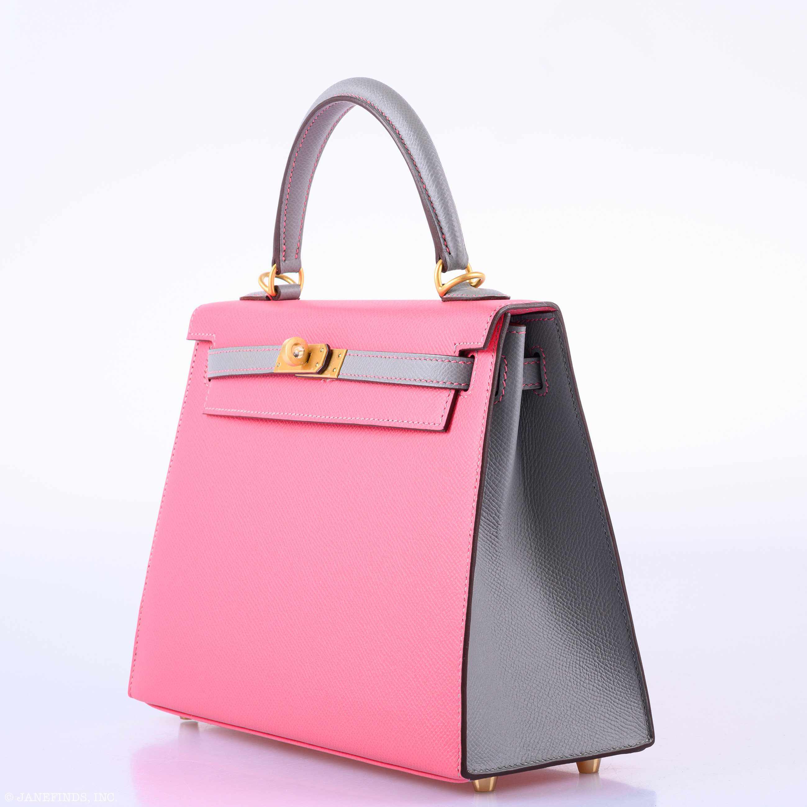 Hermès Kelly 25 Sellier HSS Bi-Color Roze Azalee & Gris Mouette Epsom Brushed Gold Hardware