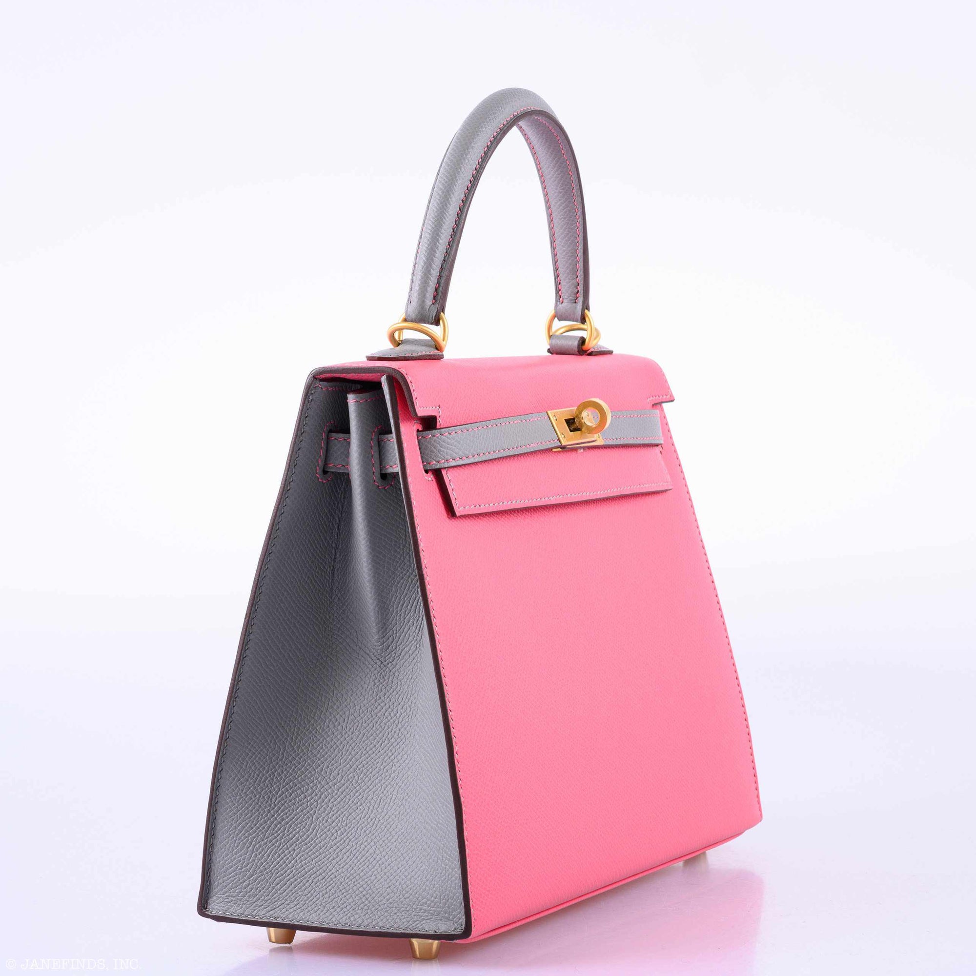 Hermès Kelly 25 Sellier HSS Bi-Color Roze Azalee & Gris Mouette Epsom Brushed Gold Hardware