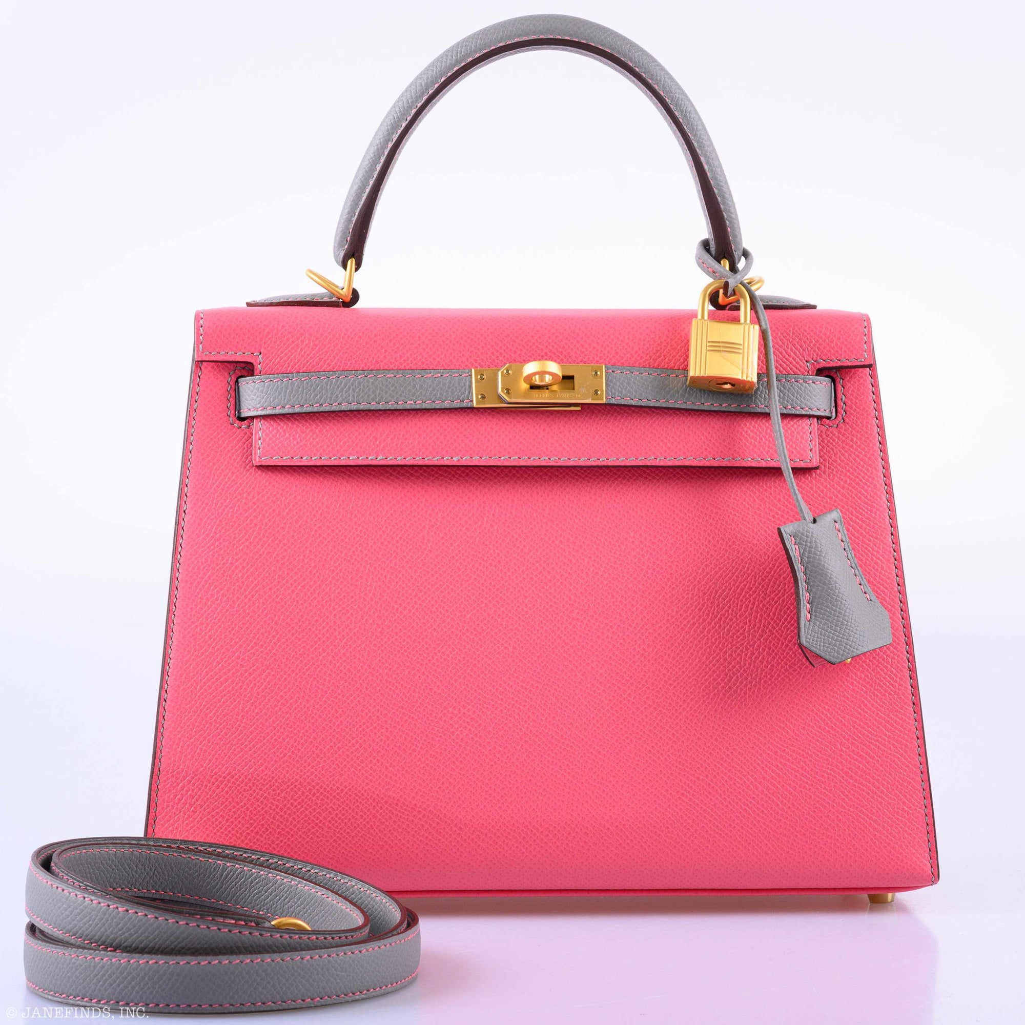 Hermès Kelly 25 Sellier HSS Bi-Color Roze Azalee & Gris Mouette Epsom Brushed Gold Hardware