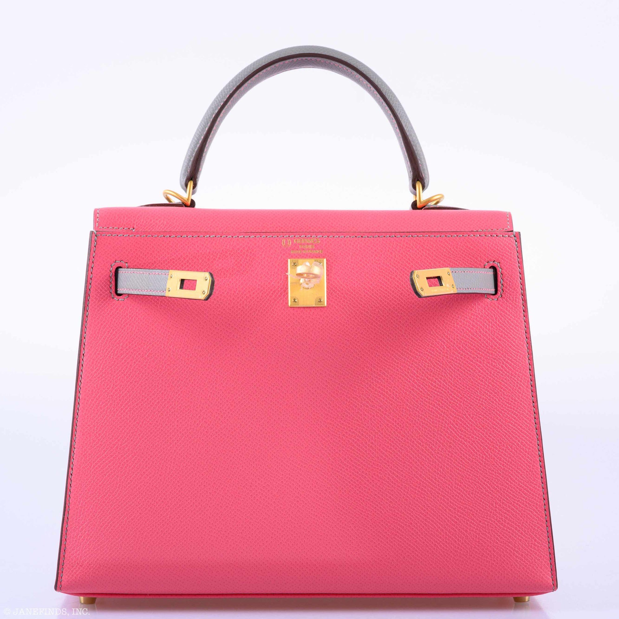 Hermès Kelly 25 Sellier HSS Bi-Color Roze Azalee & Gris Mouette Epsom Brushed Gold Hardware