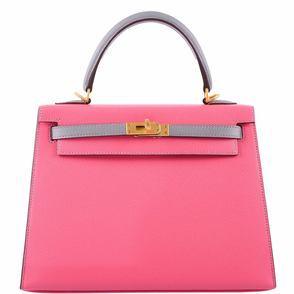 Hermès Kelly 25 Sellier HSS Bi-Color Roze Azalee & Gris Mouette Epsom Brushed Gold Hardware