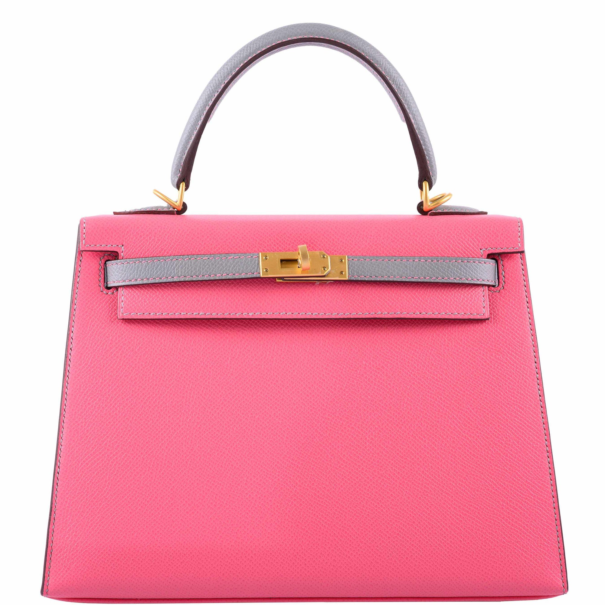 Hermès Kelly 25 Sellier HSS Bi-Color Roze Azalee & Gris Mouette Epsom Brushed Gold Hardware