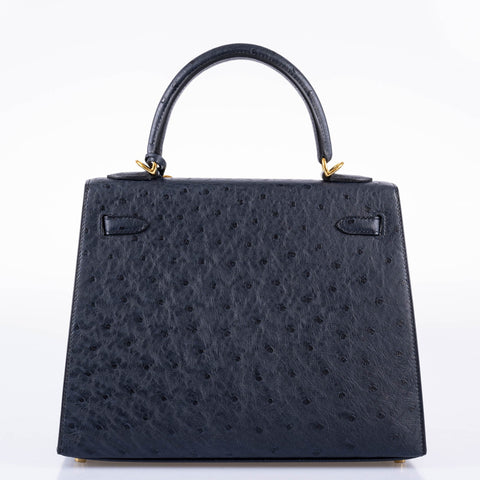 Hermès Kelly 25 Sellier Indigo Ostrich leather Gold Hardware