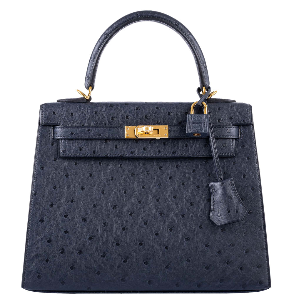 Hermès Kelly 25 Sellier Indigo Ostrich leather Gold Hardware