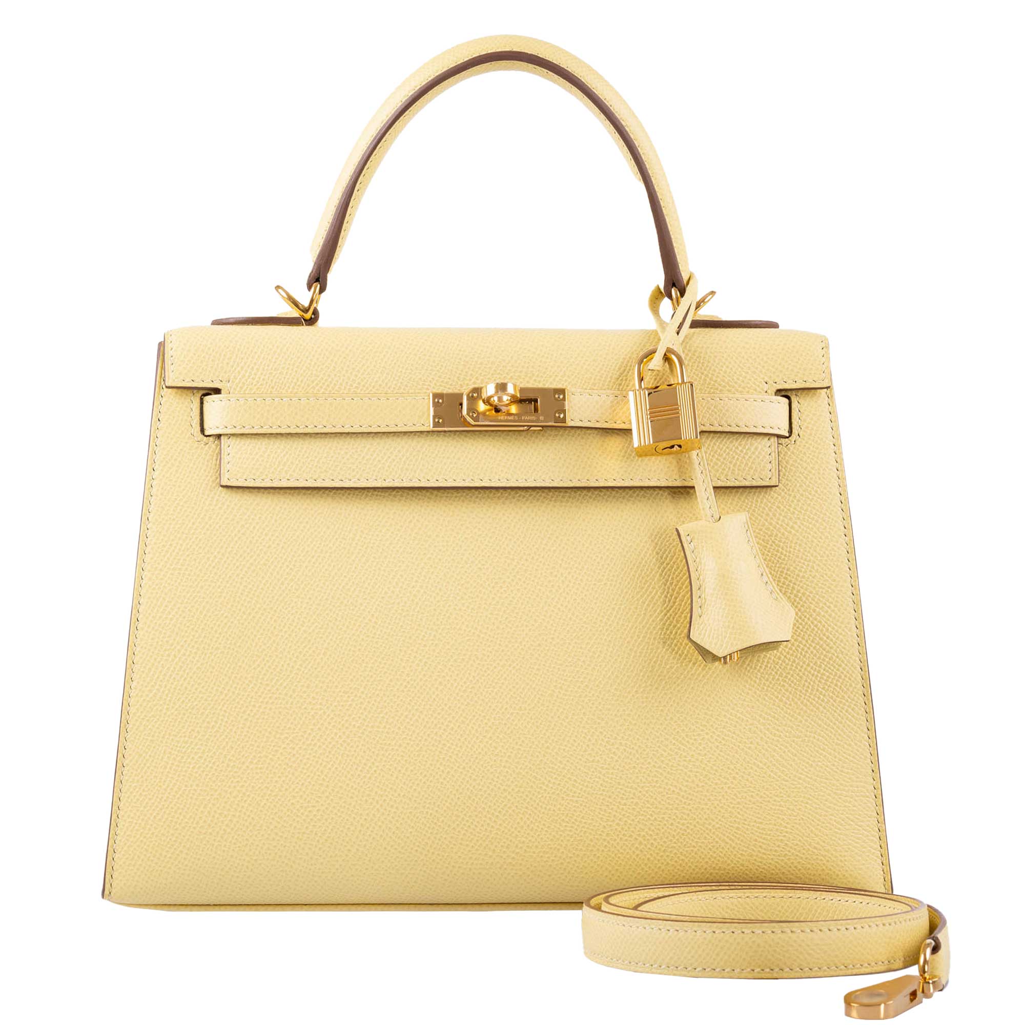 Hermès Kelly 25 Sellier Jaune Poussin Epsom with Gold Hardware
