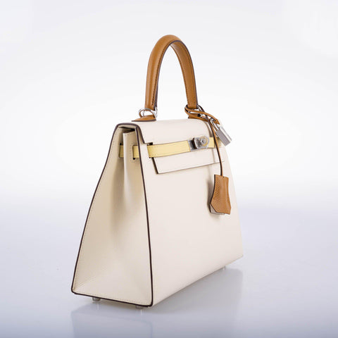 Hermès Kelly 25 Sellier Limited Edition Tri-Color Nata, Jaune Poussin and Sesame Epsom Palladium Hardware - 2020, Y