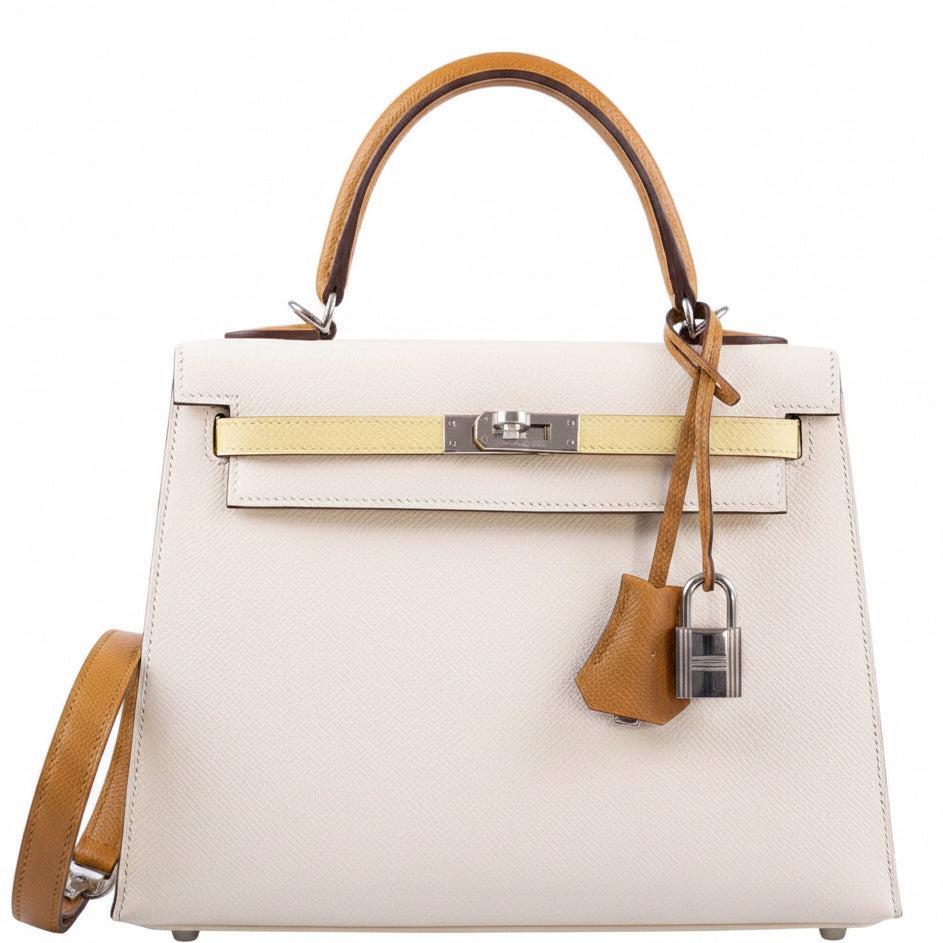 Hermès Kelly 25 Sellier Tricolor Nata Jaune Poussin Sesame Epsom Palladium Hardware
