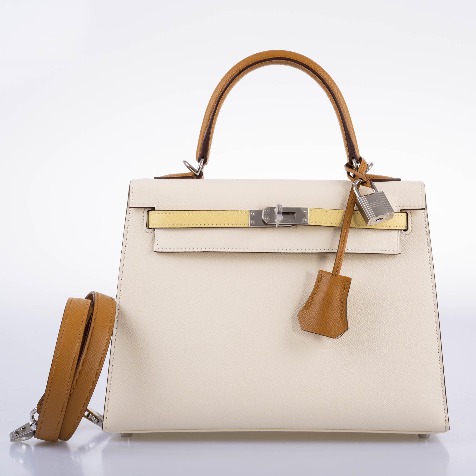Hermès Kelly 25 Sellier Tricolor Nata Jaune Poussin Sesame Epsom Palladium Hardware
