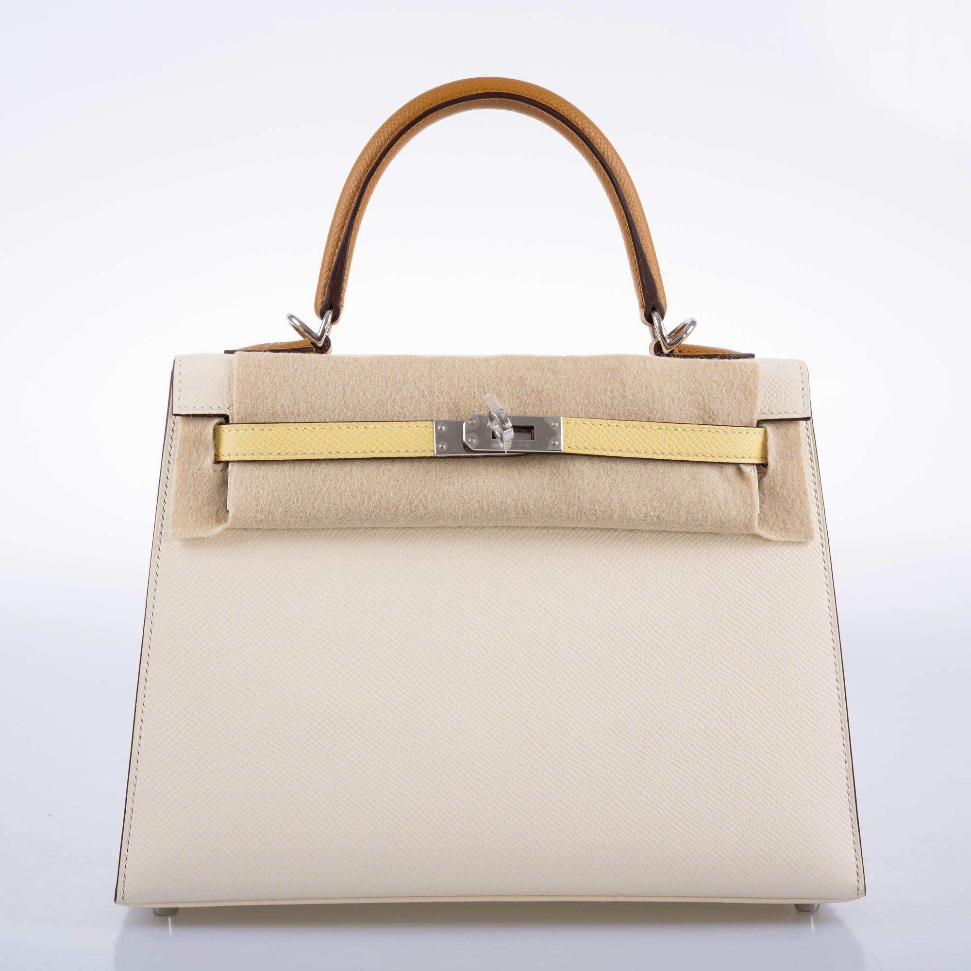 Hermès Kelly 25 Sellier Tricolor Nata Jaune Poussin Sesame Epsom Palladium Hardware