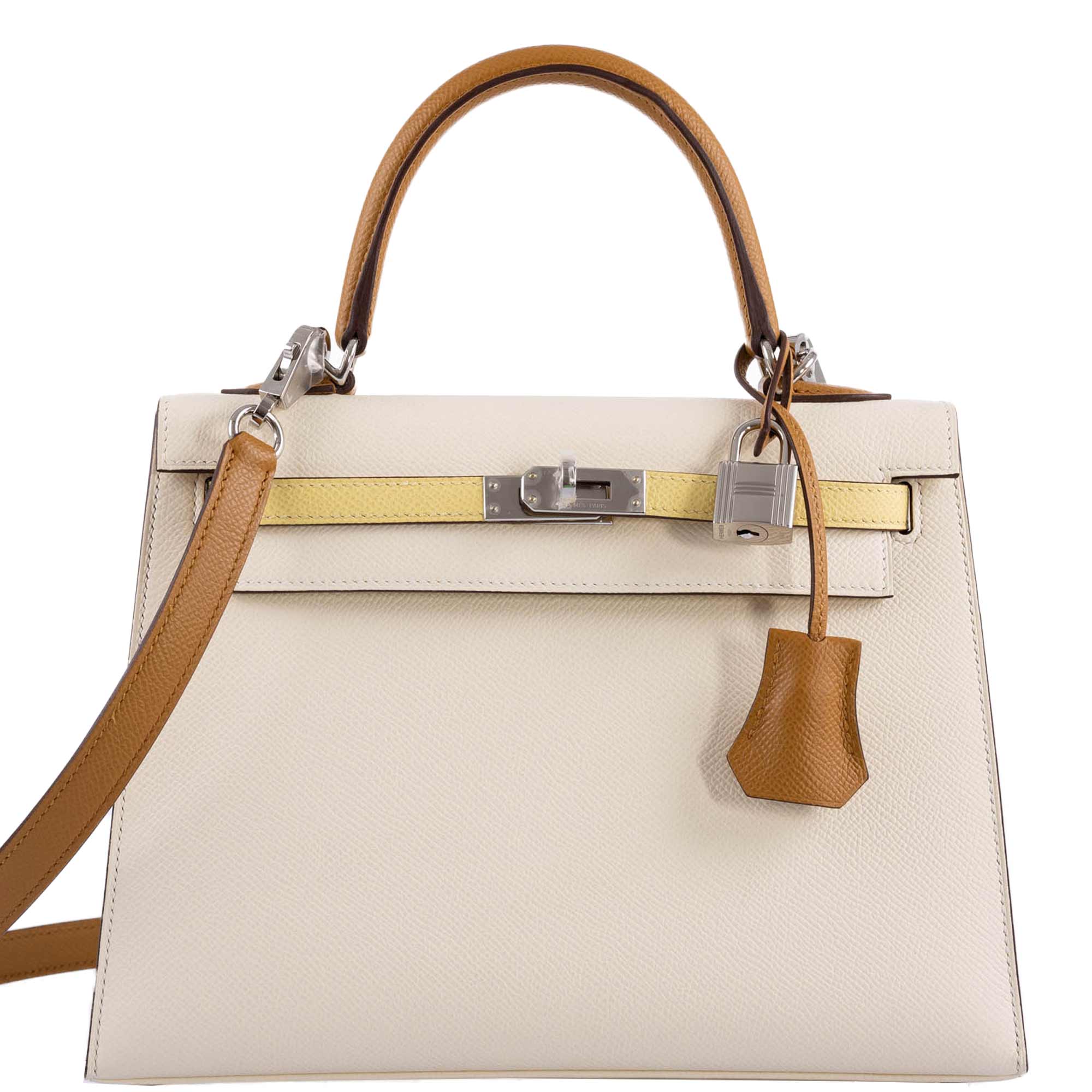 Hermès Kelly 25 Sellier Tricolor Nata Jaune Poussin Sesame Epsom Palladium Hardware