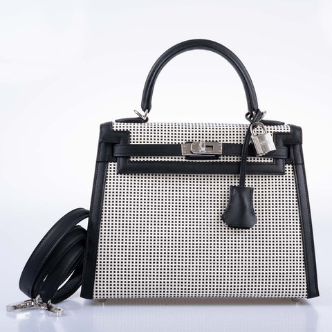 Hermès Kelly 25 Sellier Quadrille Black and White Viking Toile and Swift Palladium Hardware