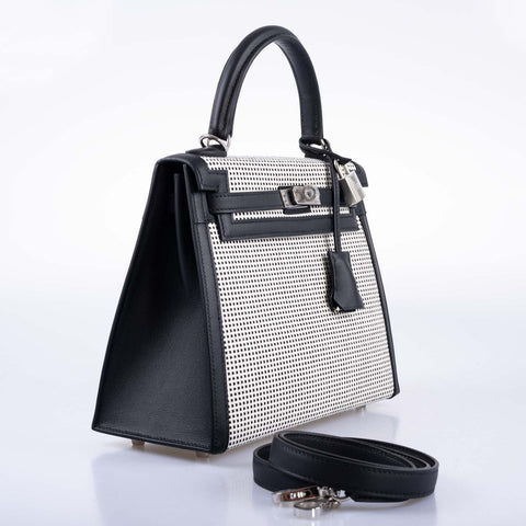 Hermès Kelly 25 Sellier Quadrille Black and White Viking Toile and Swift Palladium Hardware