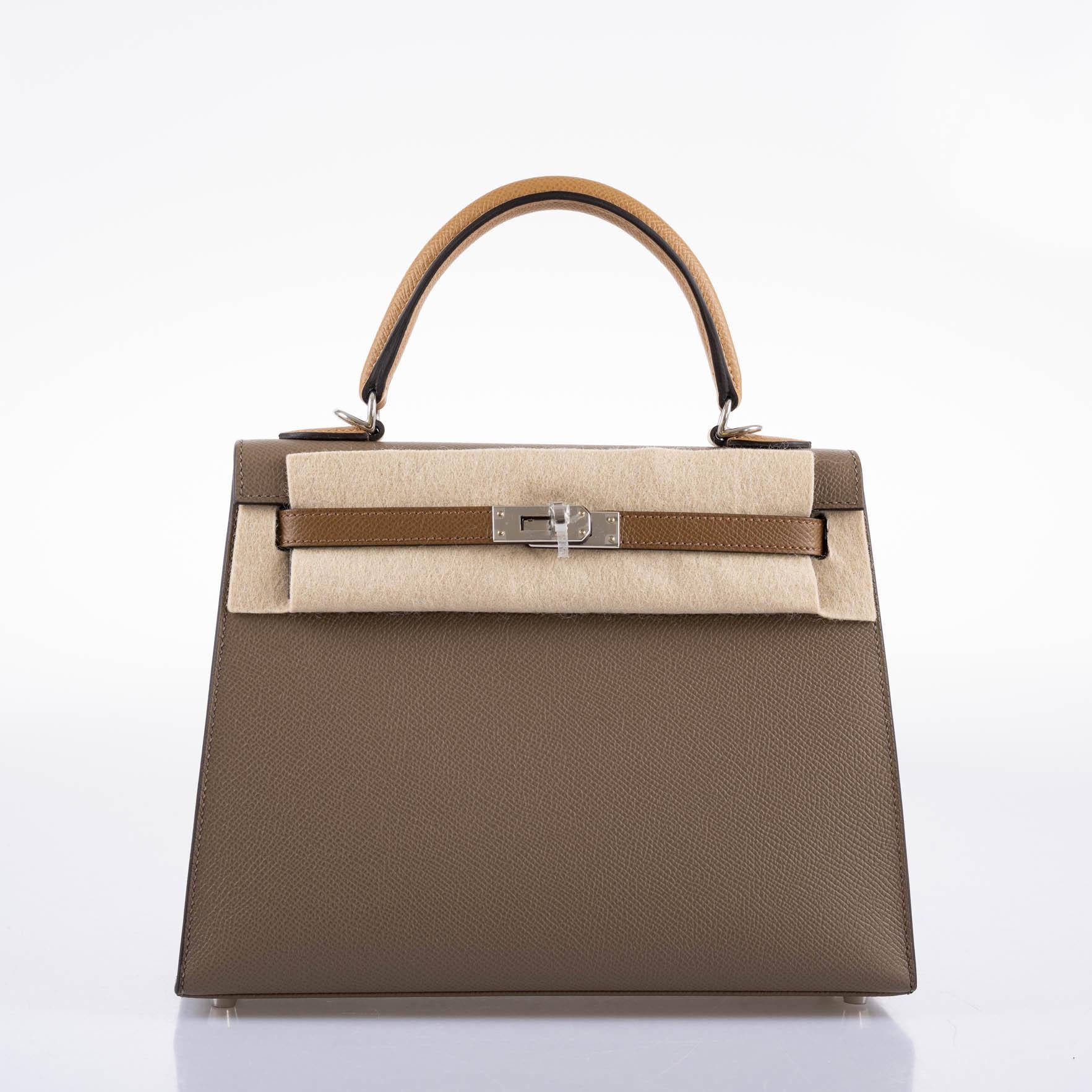 Hermès Kelly 25 Sellier Tri-Color Etoupe, Alezan & Biscuit Epsom Palladium Hardware