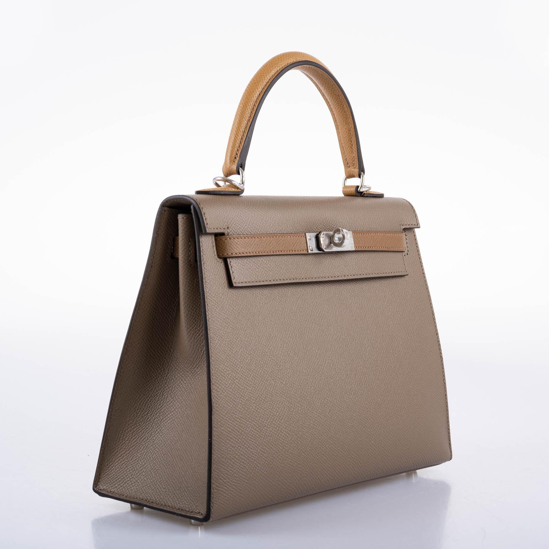 Hermès Kelly 25 Sellier Tri-Color Etoupe, Alezan & Biscuit Epsom Palladium Hardware