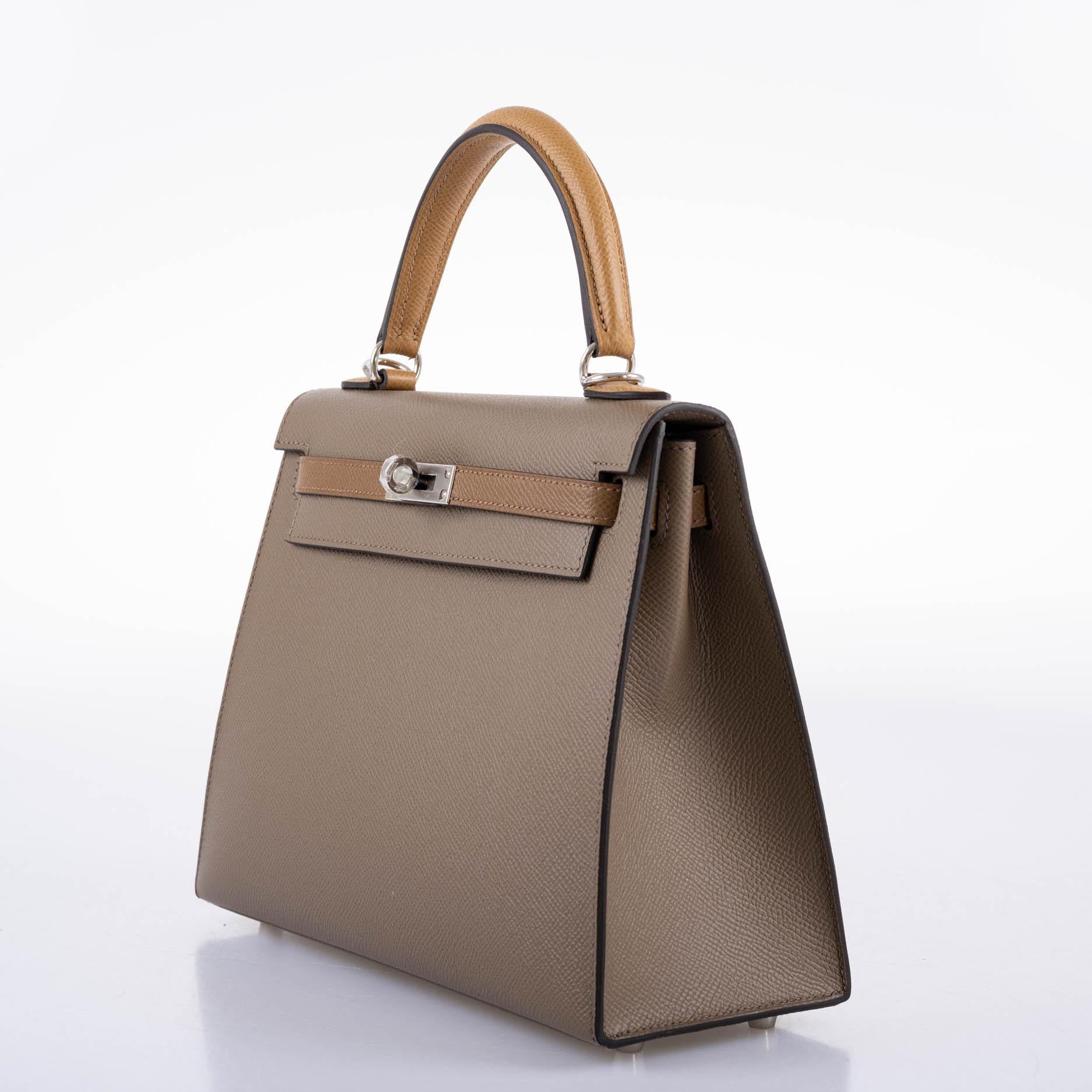 Hermès Kelly 25 Sellier Tri-Color Etoupe, Alezan & Biscuit Epsom Palladium Hardware