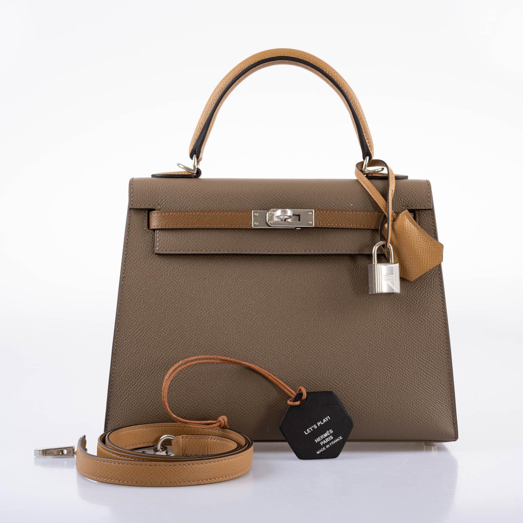 Hermès Kelly 25 Sellier Tri-Color Etoupe, Alezan & Biscuit Epsom Palladium Hardware