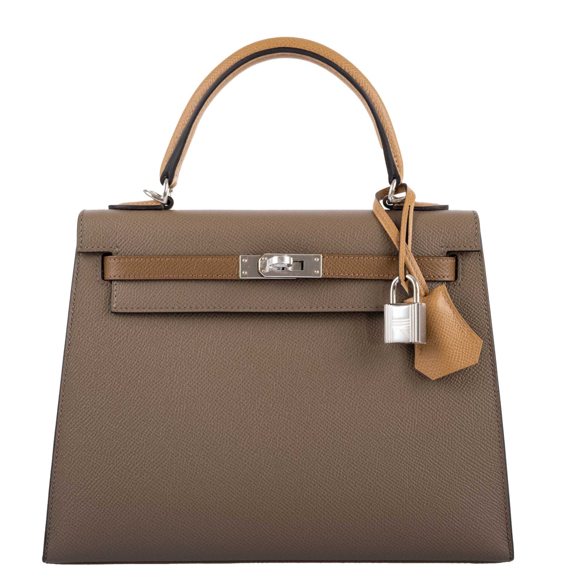 Hermès Kelly 25 Sellier Tri-Color Etoupe, Alezan & Biscuit Epsom Palladium Hardware
