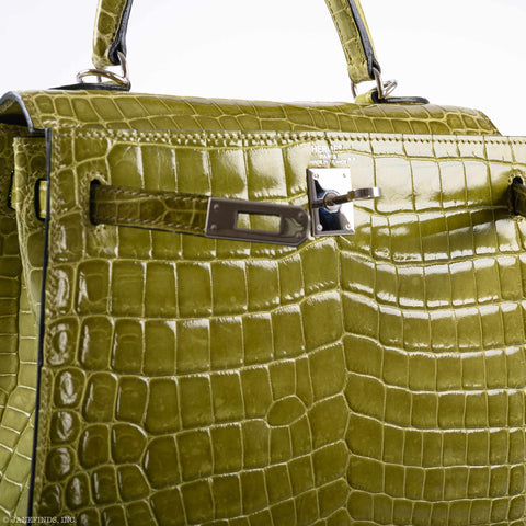 Hermès Kelly 25 Sellier Vert Anis Shiny Niloticus Crocodile Palladium Hardware - J