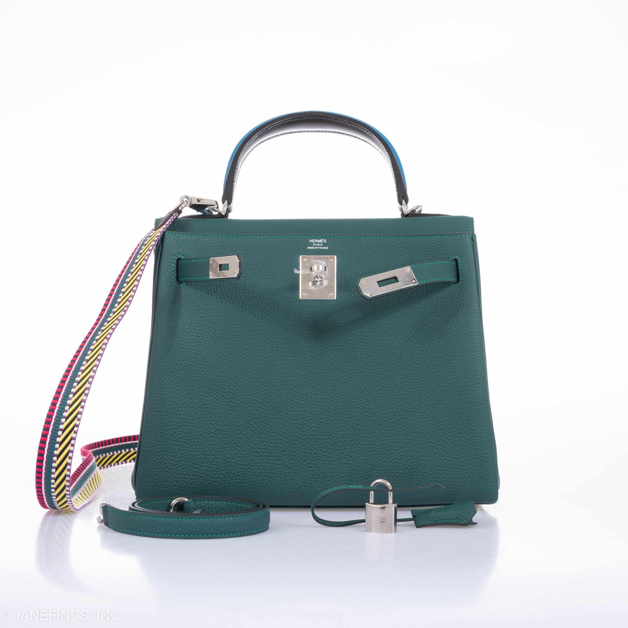Hermès Kelly 28 Au Trot Malachite Togo Turquoise Chevre Black Box Calf Palladium Hardware