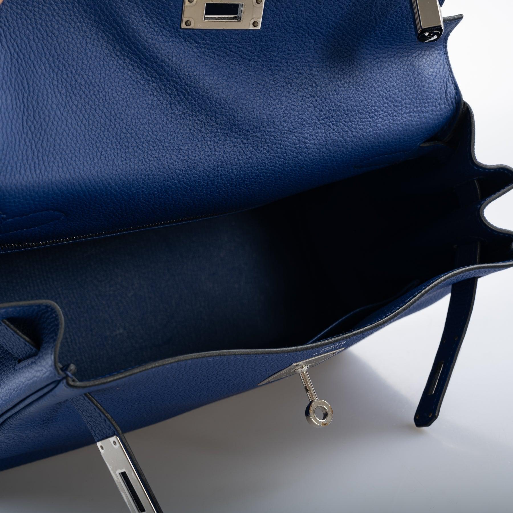 Hermès Kelly 28 Retourne Au Galop Blue Electric, Yellow and Black Togo Palladium Hardware