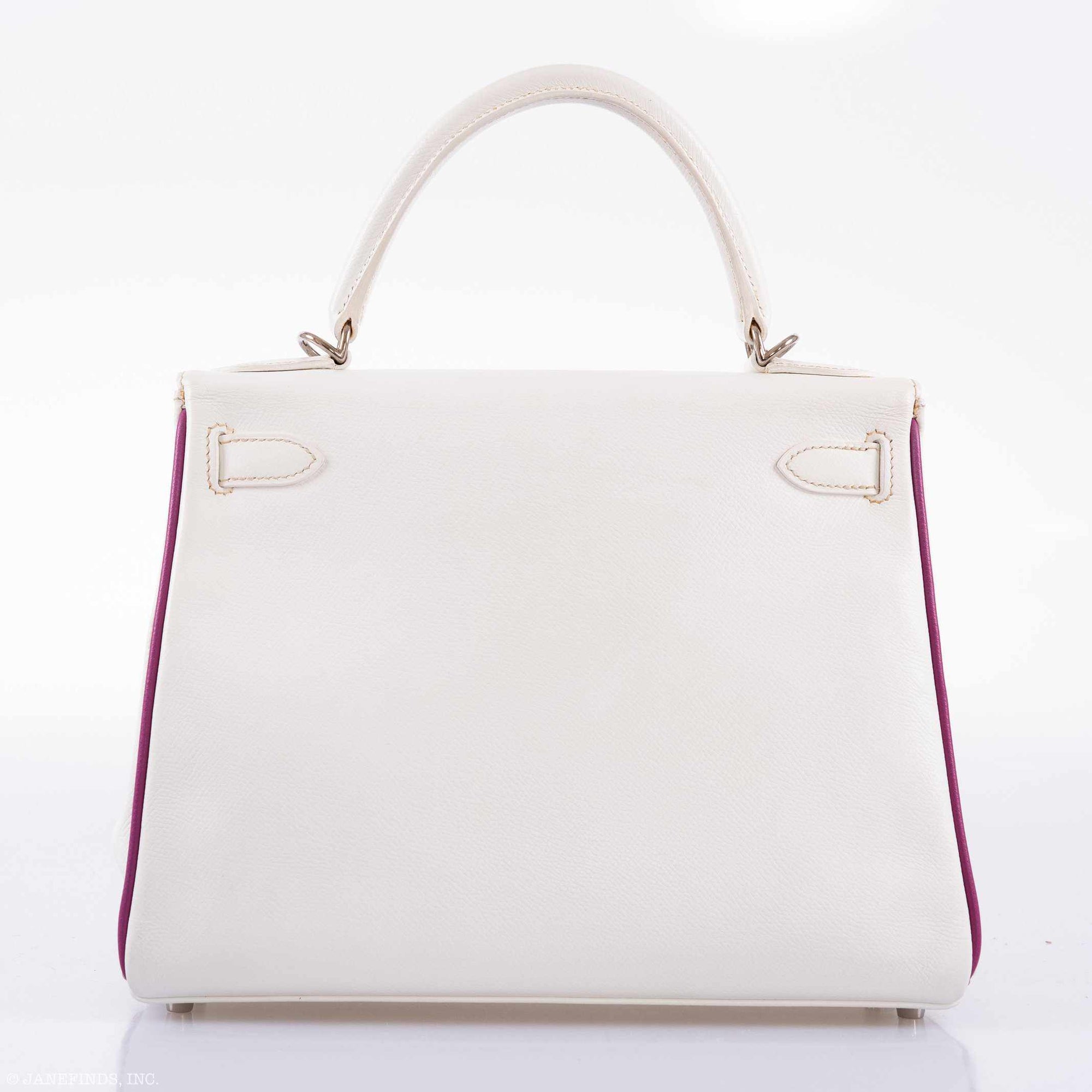 Hermès Kelly 28 Retourne Two-Tone White Epsom Cyclamen Piping Palladium Hardware