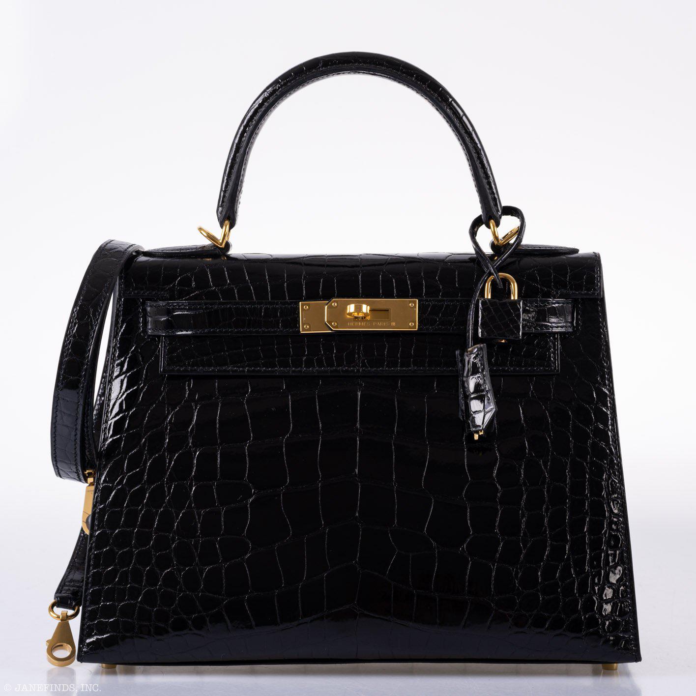 Hermès Kelly 28 Sellier Black Shiny Alligator with Gold Hardware