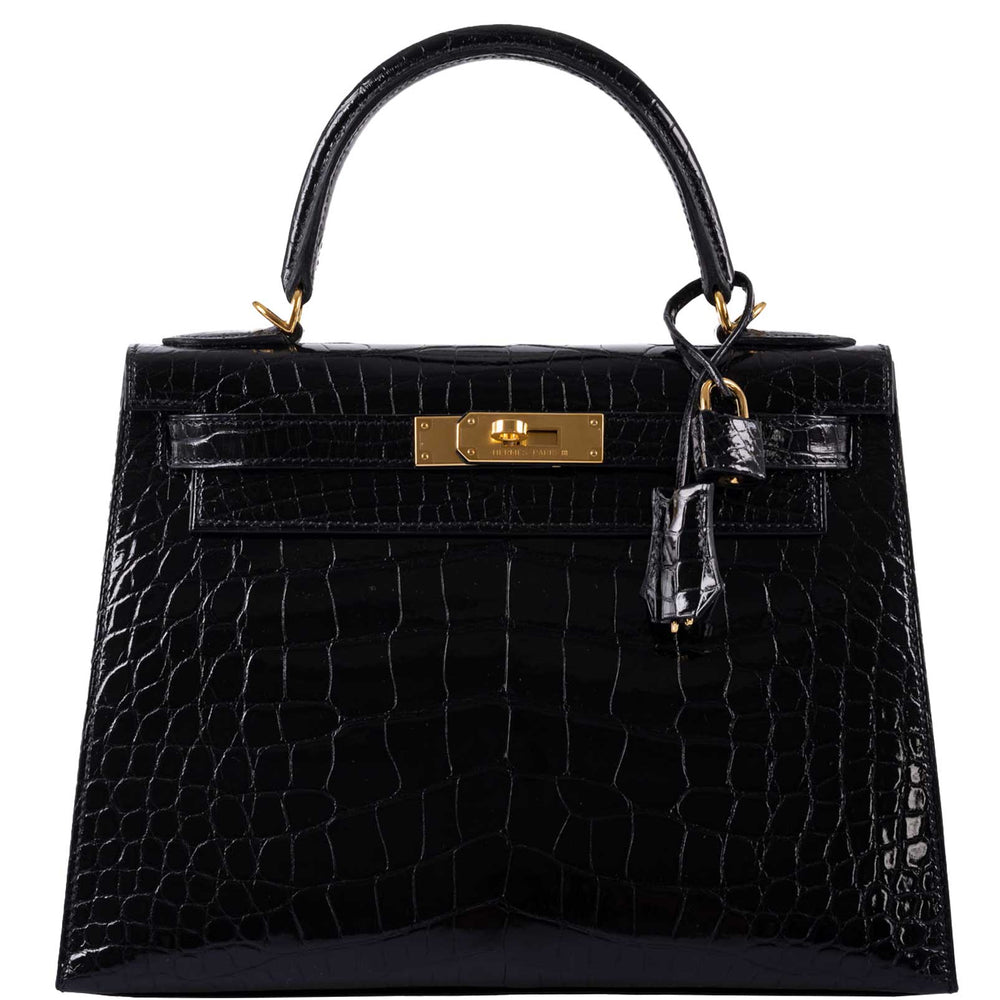 Hermès Kelly 28 Sellier Black Shiny Alligator with Gold Hardware