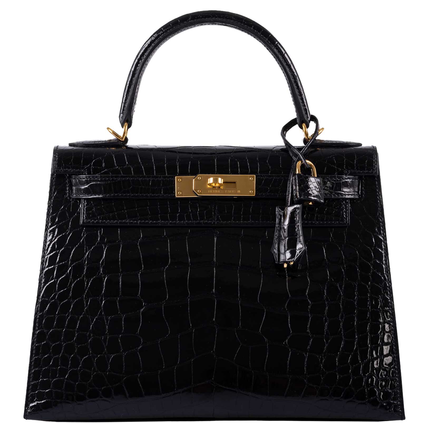 Hermès Kelly 28 Sellier Black Shiny Alligator with Gold Hardware