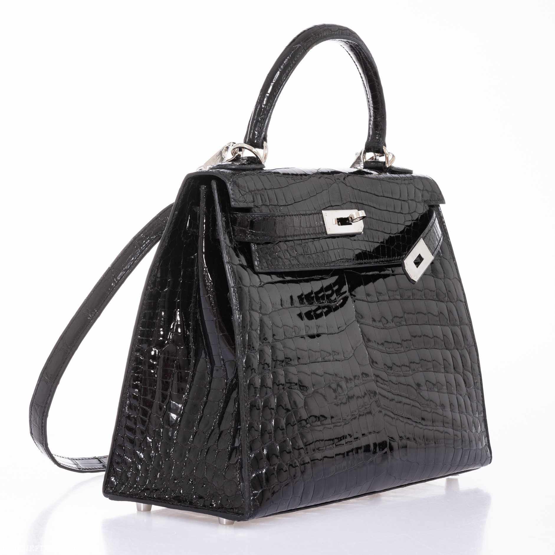 Hermès Kelly 28 Sellier Black Shiny Niloticus Crocodile Palladium Hardware