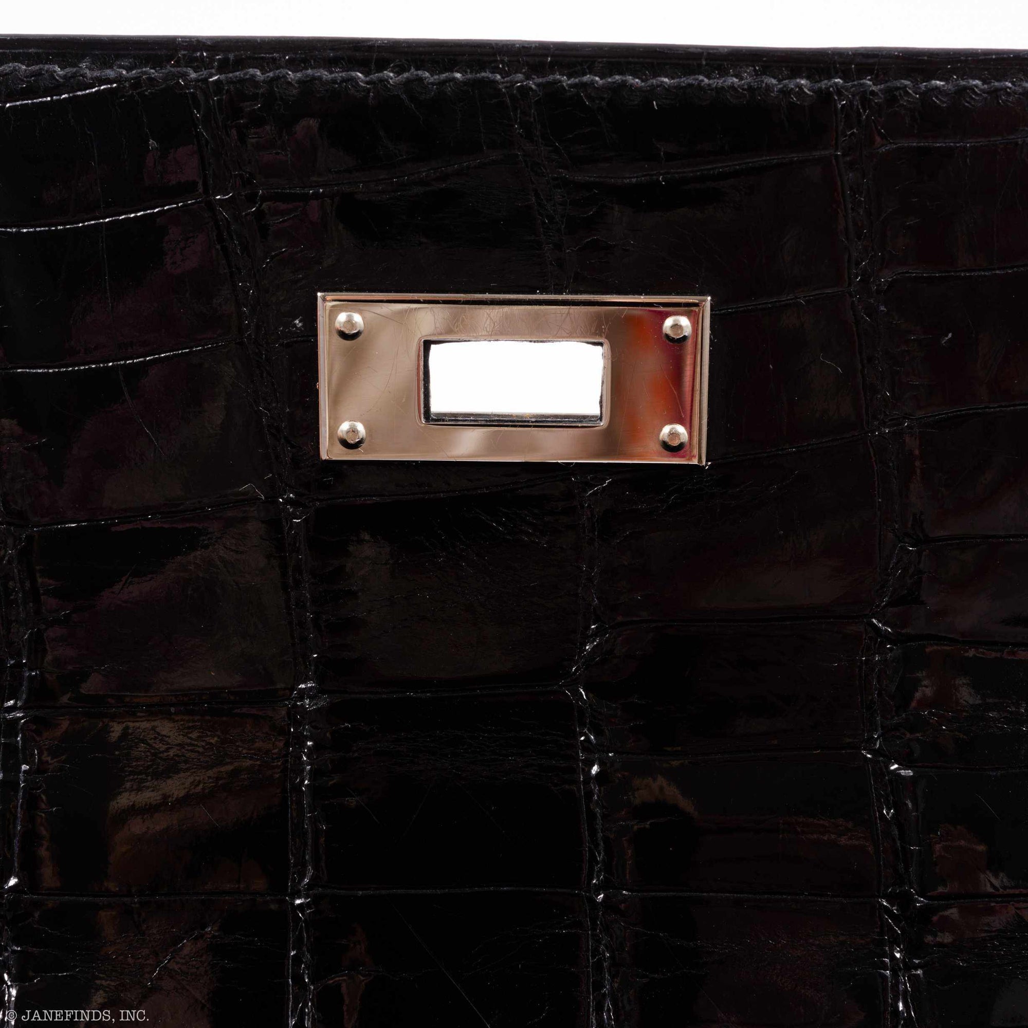 Hermès Kelly 28 Sellier Black Shiny Niloticus Crocodile Palladium Hardware