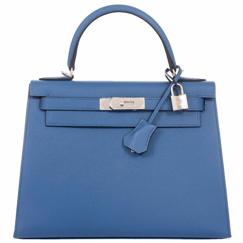 HERMES Azur blue Togo leather KELLY 25 RETOURNE Bag w Gold For