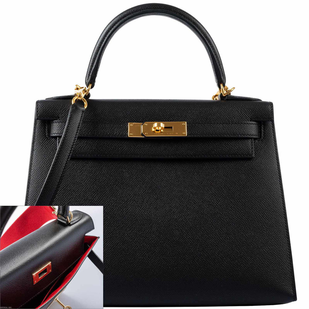 Hermès Kelly 28 Sellier HSS Noir Vermillon Epsom Rose Gold Hardware