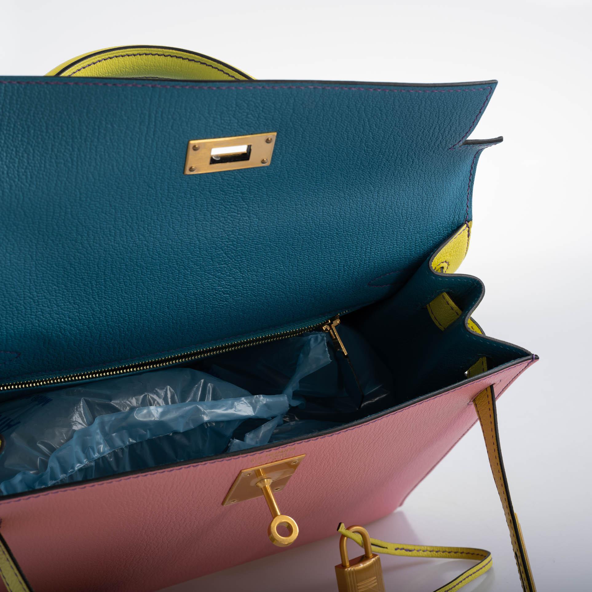 Hermès Kelly 28 Sellier HSS Rose Confetti/Lime/Bleu Aztec Chèvre Brushed Gold Hardware