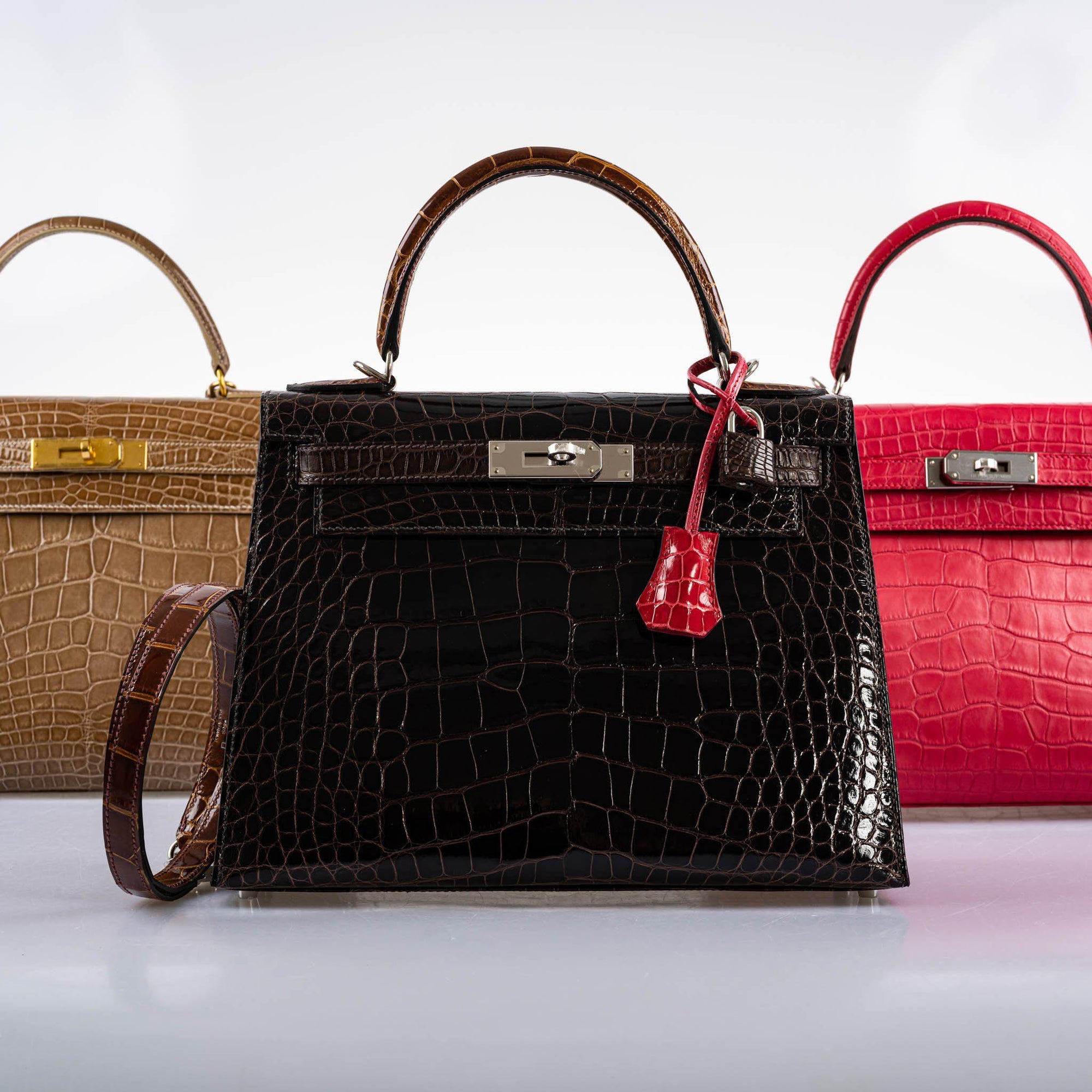 Hermès Kelly 28 Sellier Macassar, Ebene, Miel and Rose Extreme Alligator Palladium Hardware