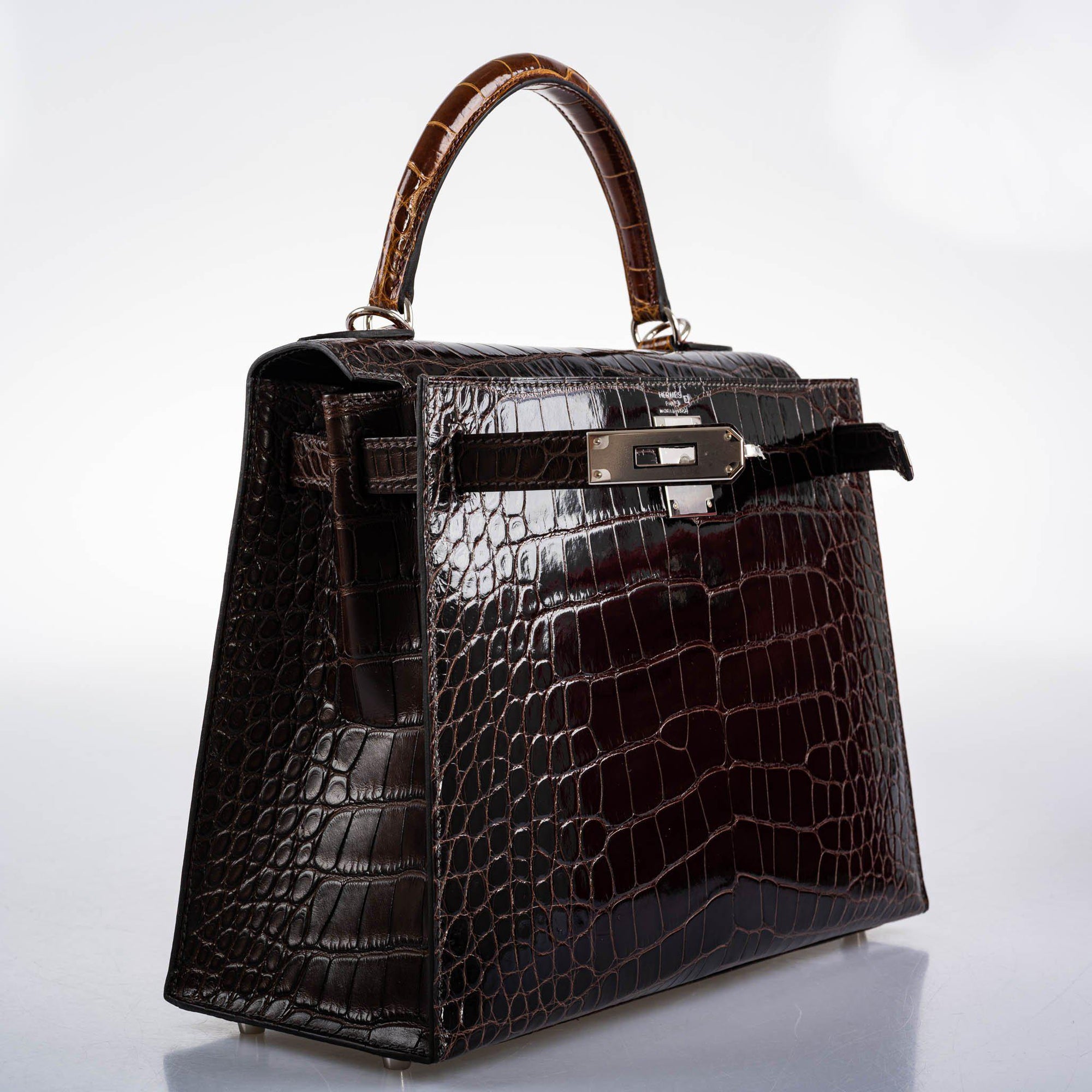 Hermès Kelly 28 Sellier Macassar, Ebene, Miel and Rose Extreme Alligator Palladium Hardware