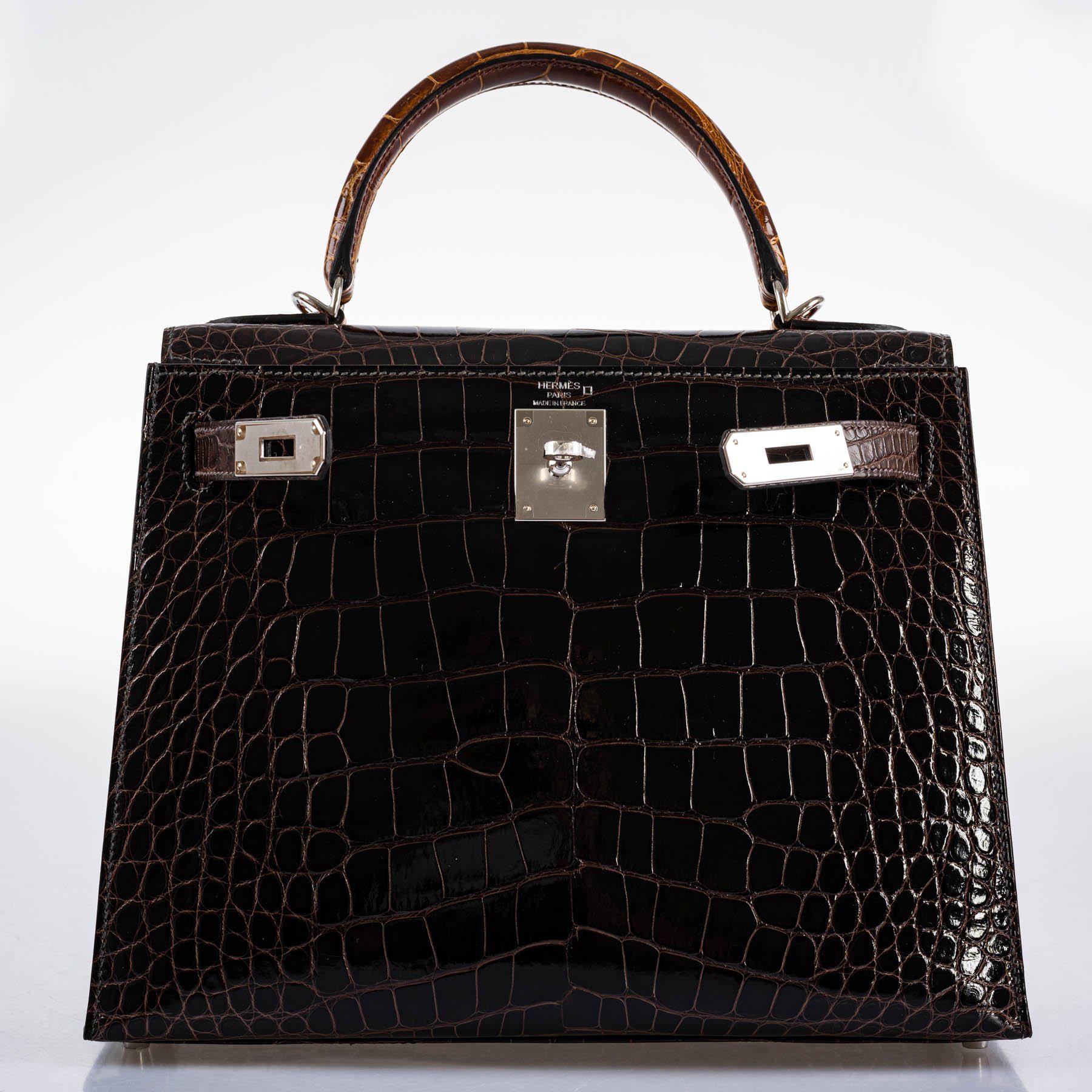 Hermès Kelly 28 Sellier Macassar, Ebene, Miel and Rose Extreme Alligator Palladium Hardware