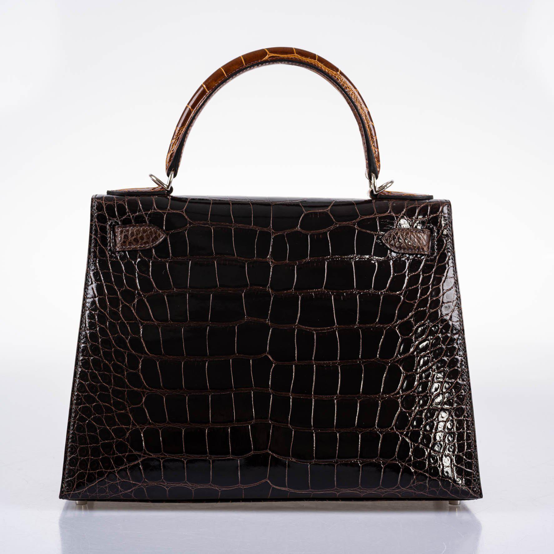 Hermès Kelly 28 Sellier Macassar, Ebene, Miel and Rose Extreme Alligator Palladium Hardware