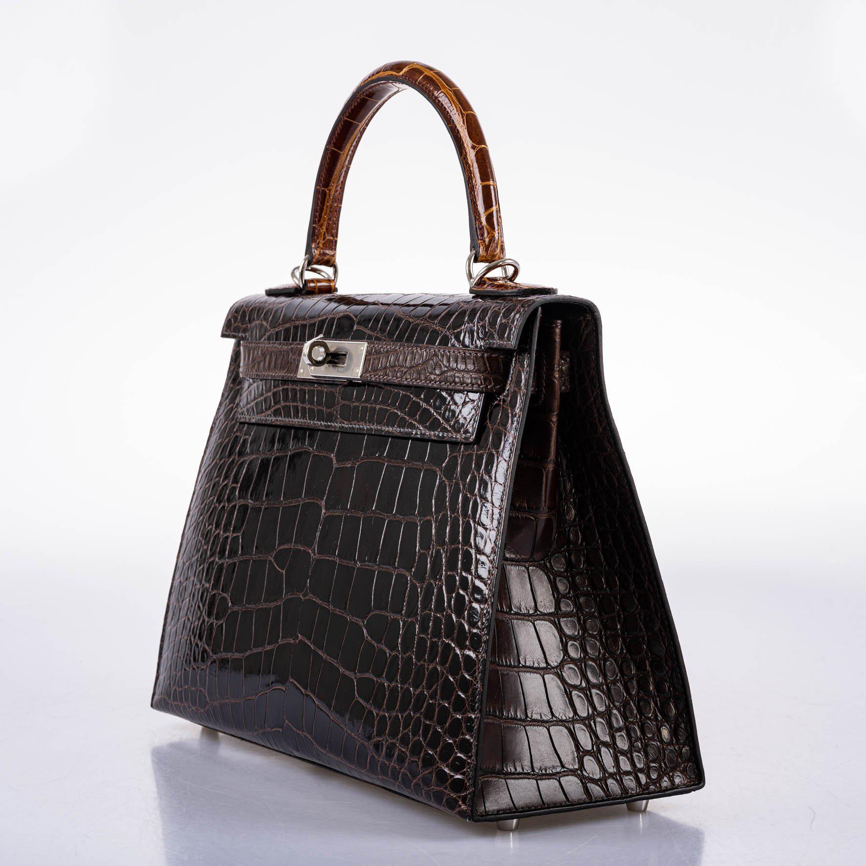 Hermès Kelly 28 Sellier Macassar, Ebene, Miel and Rose Extreme Alligator Palladium Hardware