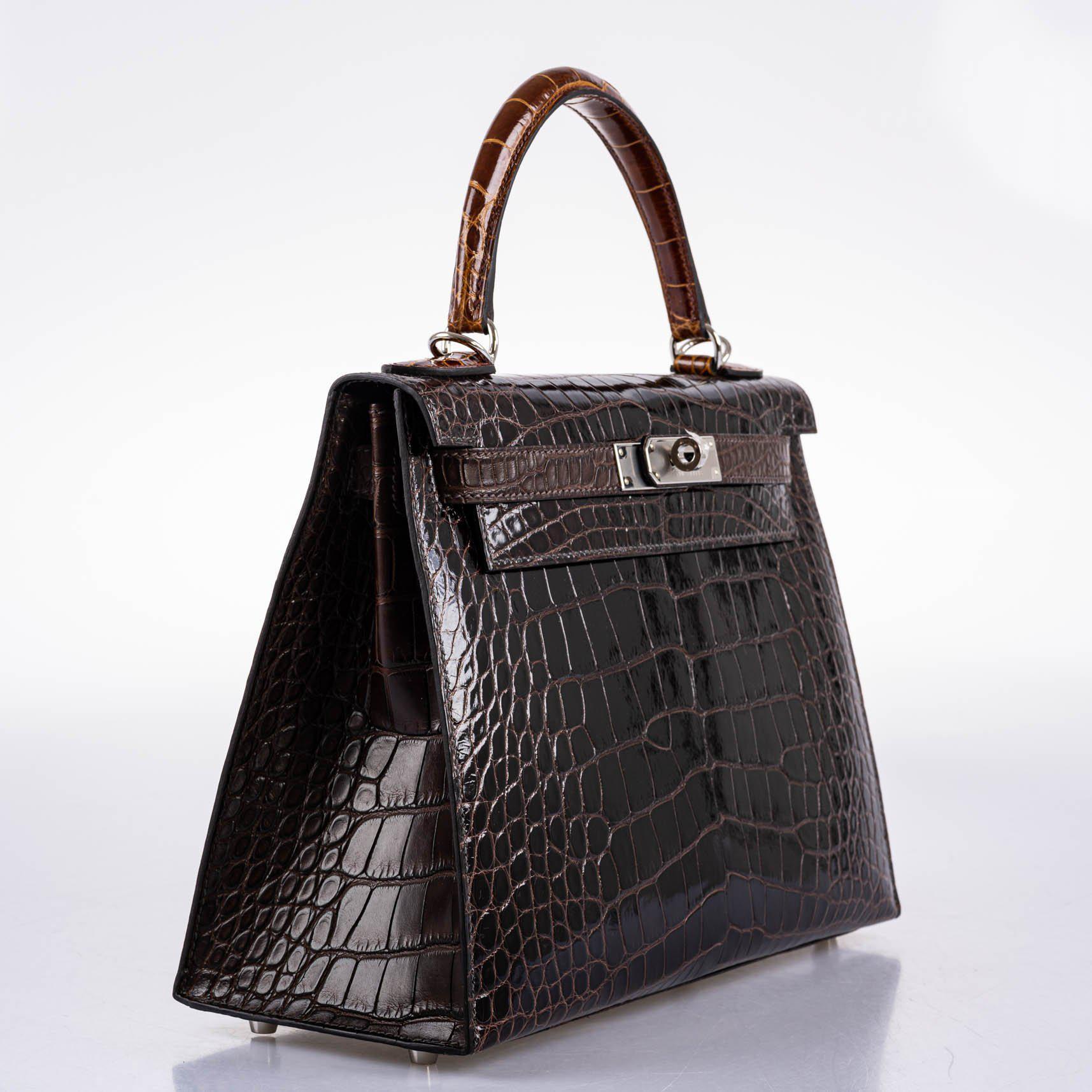 Hermès Kelly 28 Sellier Macassar, Ebene, Miel and Rose Extreme Alligator Palladium Hardware