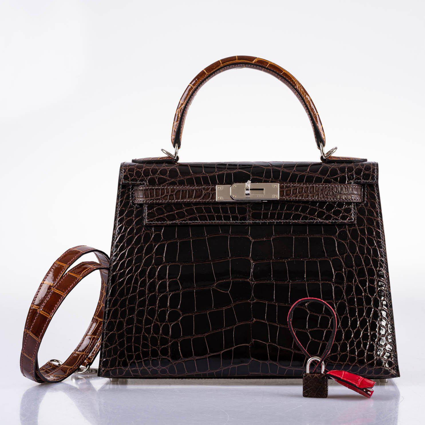 Hermès Kelly 28 Sellier Macassar, Ebene, Miel and Rose Extreme Alligator Palladium Hardware